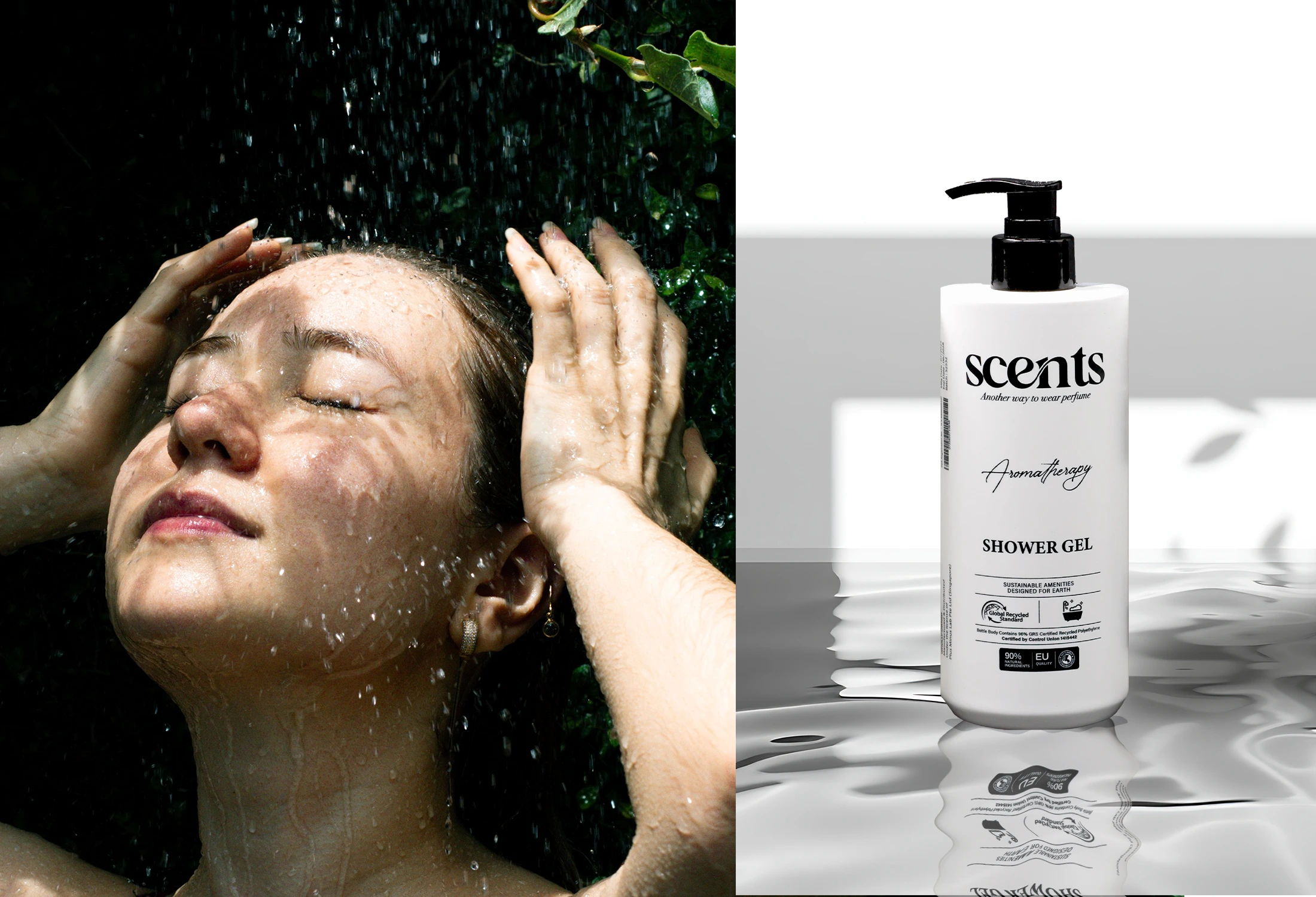 A guest rinsing her face under running water among dark foliage, paired with an Aromatherapy shower gel bottle.