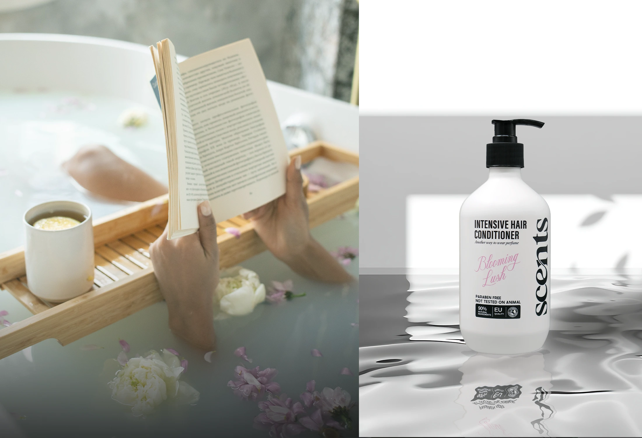 A guest reading in a petal-strewn bath, paired with a Blooming Lush hair conditioner bottle.