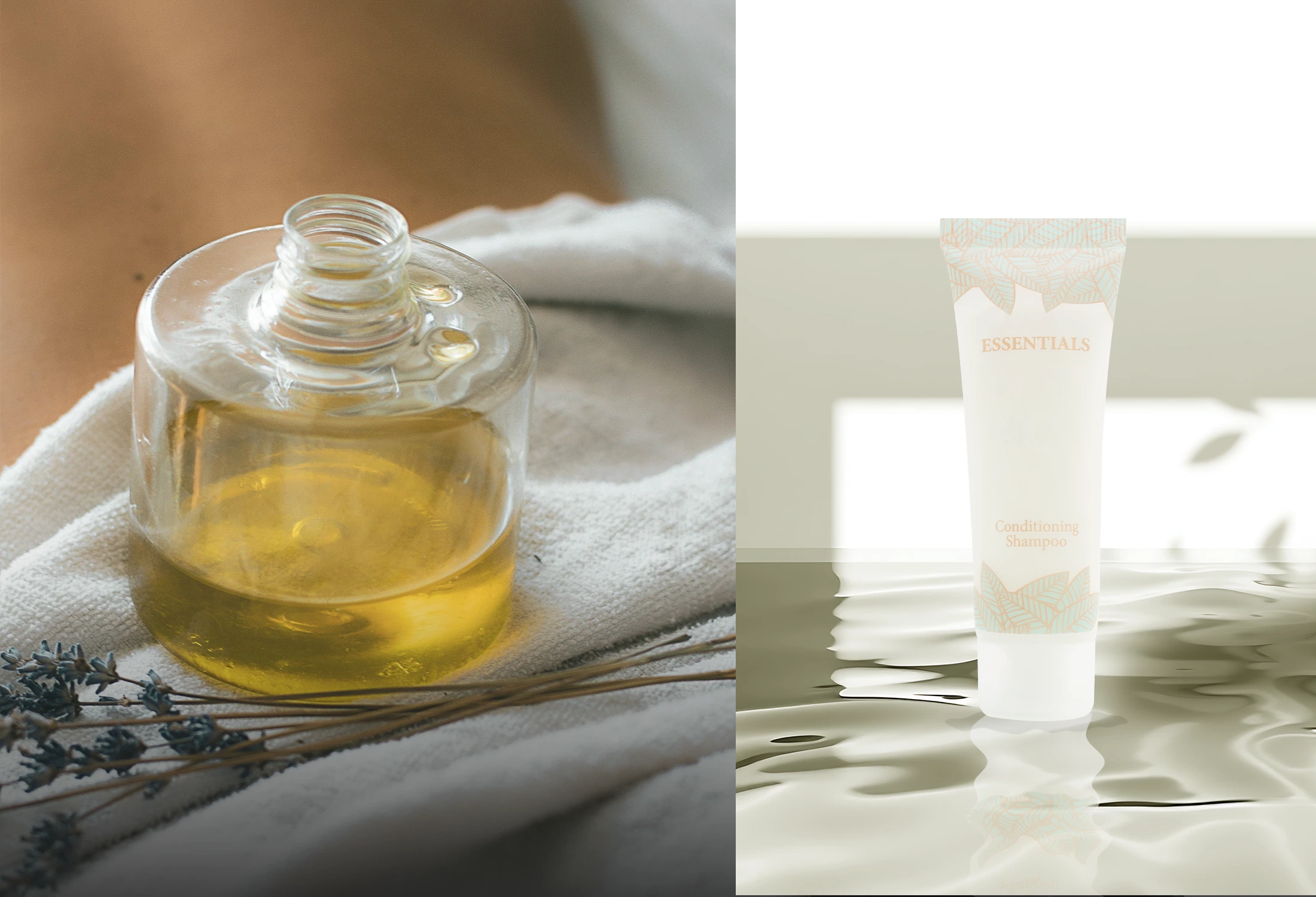 Golden bath oil in a glass vessel on linen, paired with an Essentials conditioning shampoo tube.