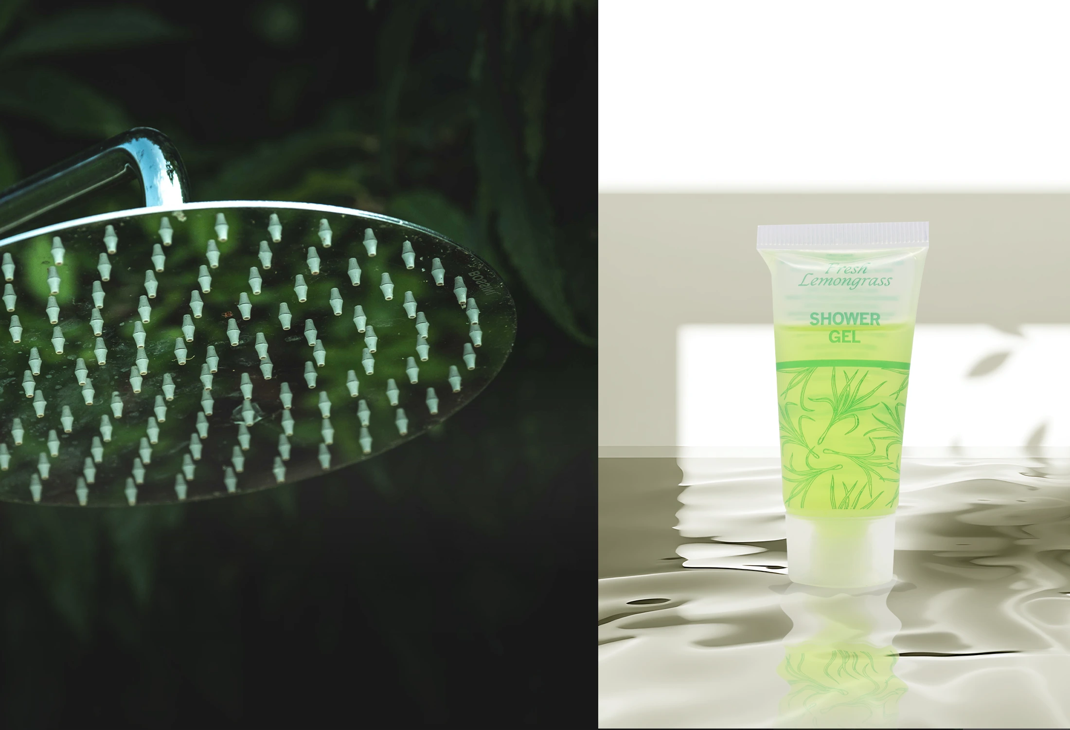 A rain shower head against green foliage, paired with a Fresh Lemongrass shower gel tube.