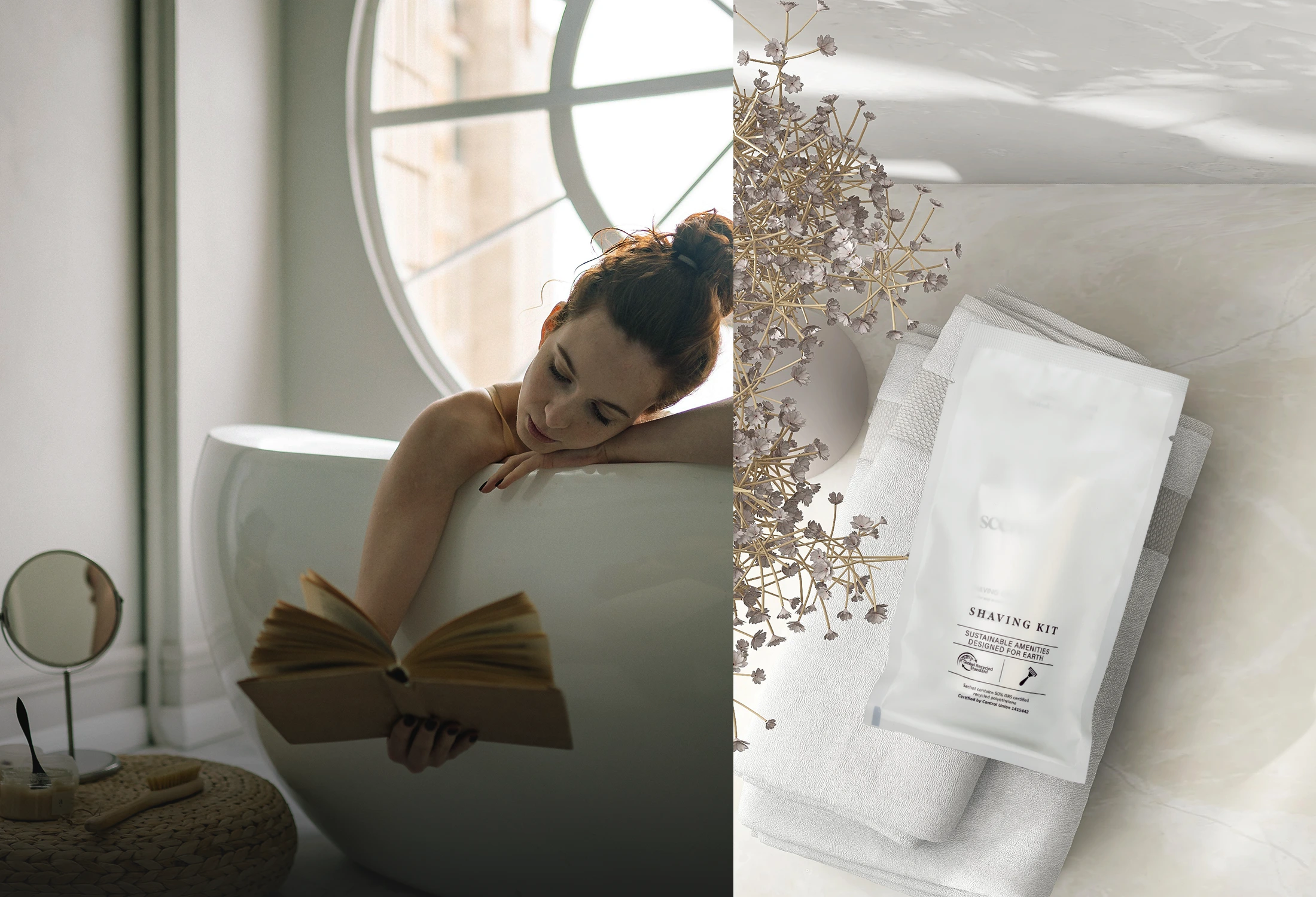 A guest reading in a bathtub beside a window, paired with a GRS Collection shaving kit sachet resting on a folded towel.