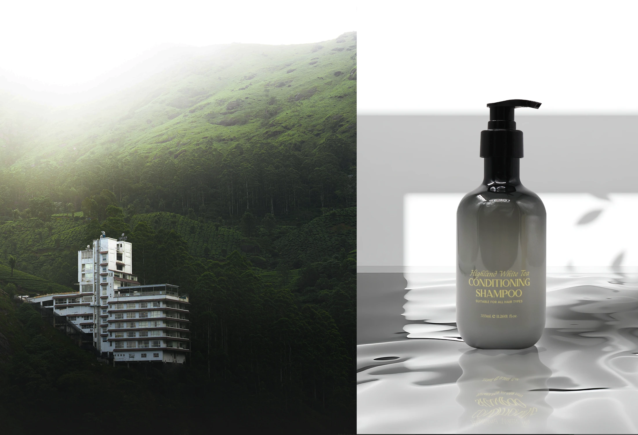 A hillside tea estate in soft mist, paired with a Highland White Tea conditioning shampoo bottle.