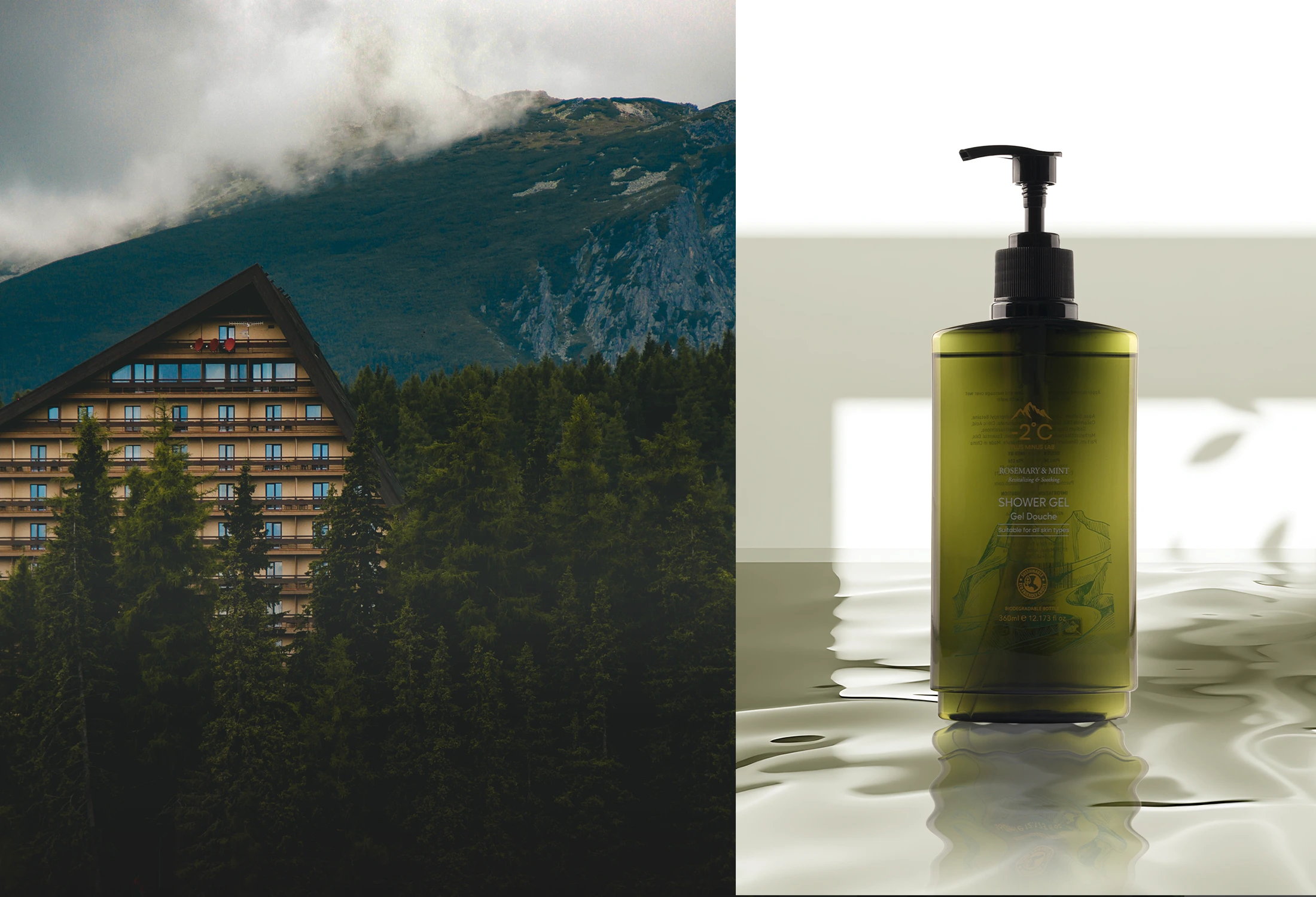 A mountain lodge in misty forest, paired with a Minus-2 rosemary and mint shower gel bottle.