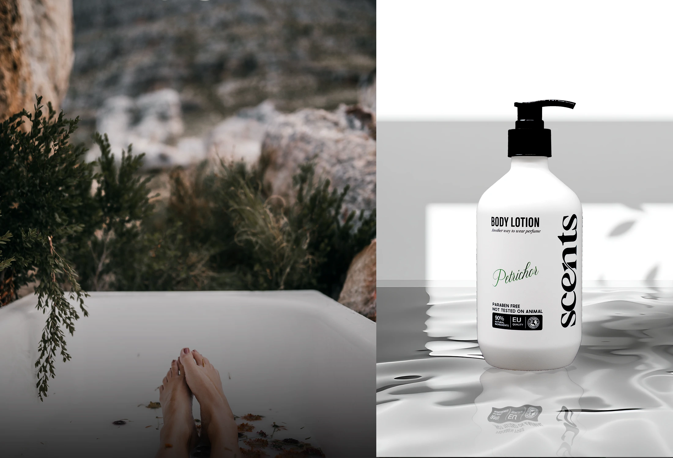 Bare feet resting in an outdoor stone bathtub among rosemary shrubs, paired with a Petrichor body lotion bottle.