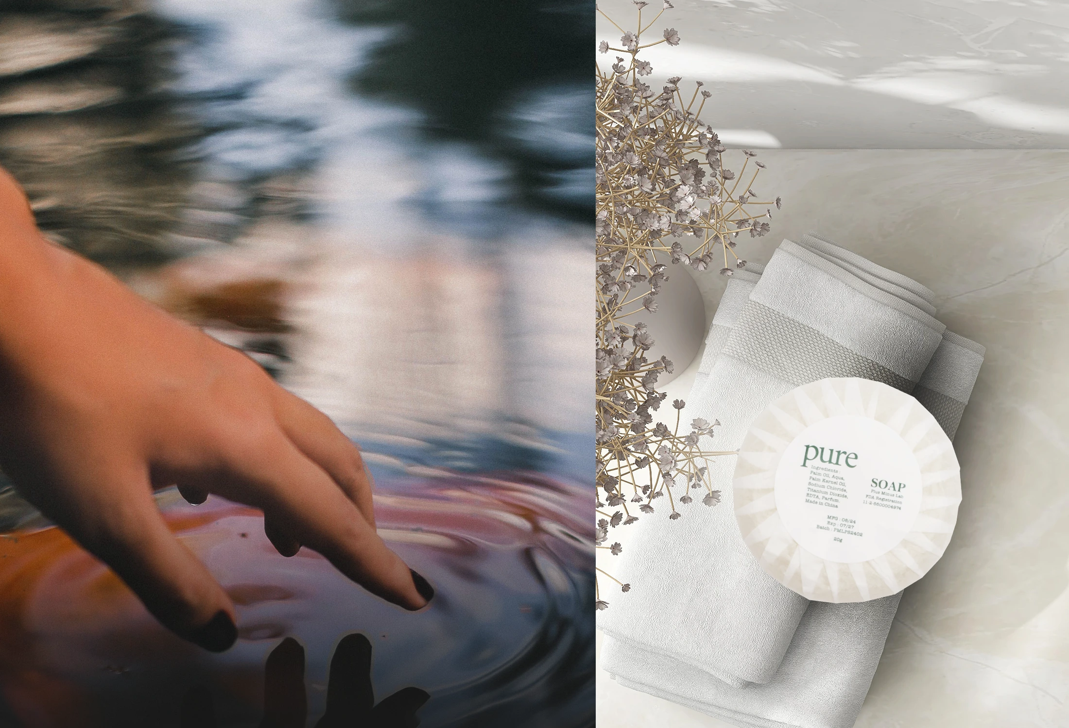 A hand reaching toward reflected water, paired with a wrapped Pure Soap bar on a folded towel.