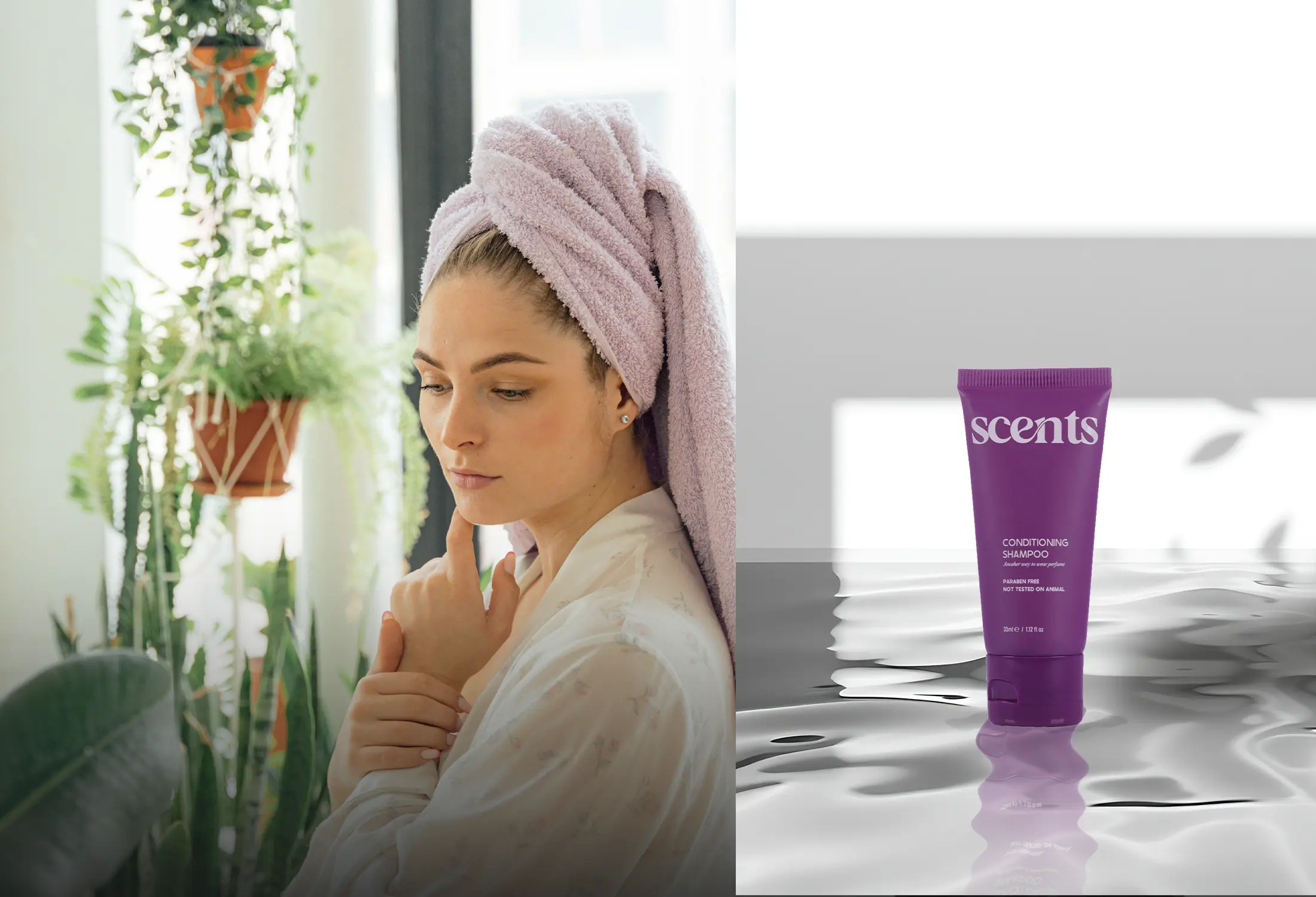 A guest in a robe with a towel-wrapped head beside hanging houseplants, paired with a Scents 15 conditioning shampoo tube.