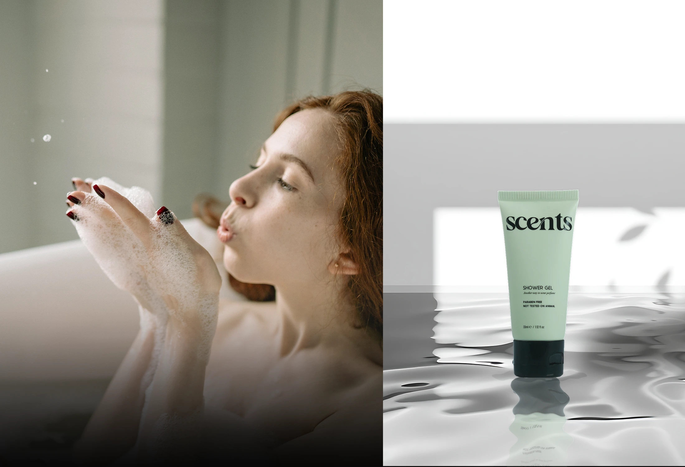 A guest blowing bath foam from her hands, paired with a Scents 7 shower gel tube.