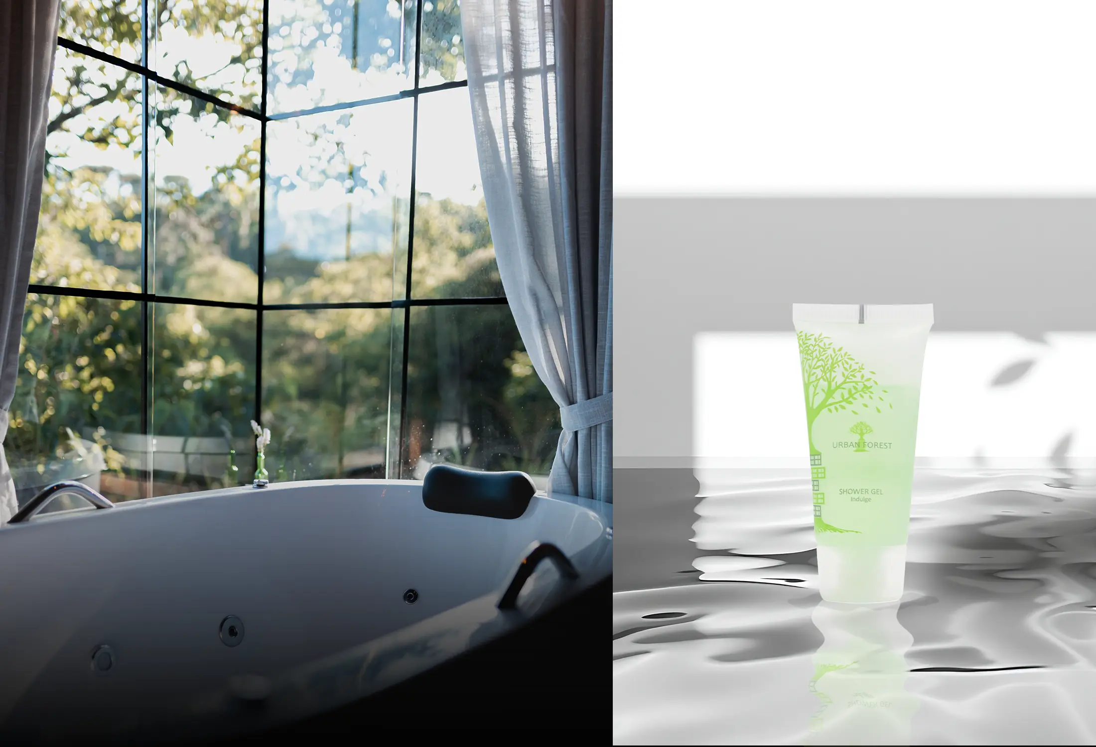 A round window view of forest canopy above a hotel bathtub, paired with an Urban Forest shower gel tube.