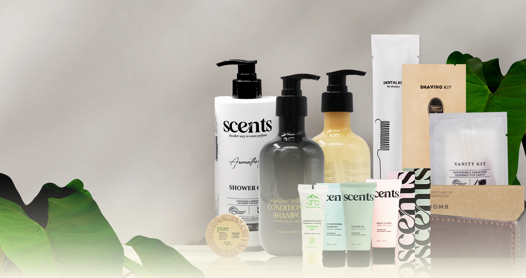 Wet amenities, dry amenities and soap formats arranged with green leaves.