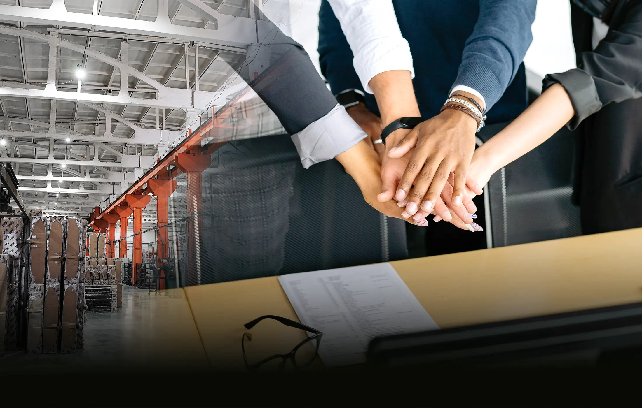 A team joining hands over a work table, blended with a production-floor view.