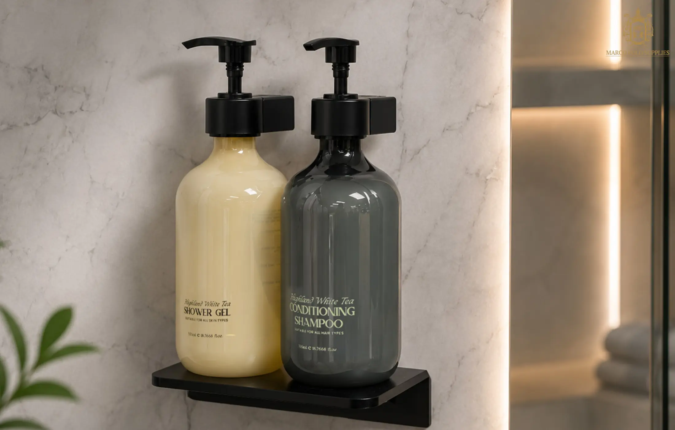 Two wall-mounted pump dispensers in a hotel bathroom.