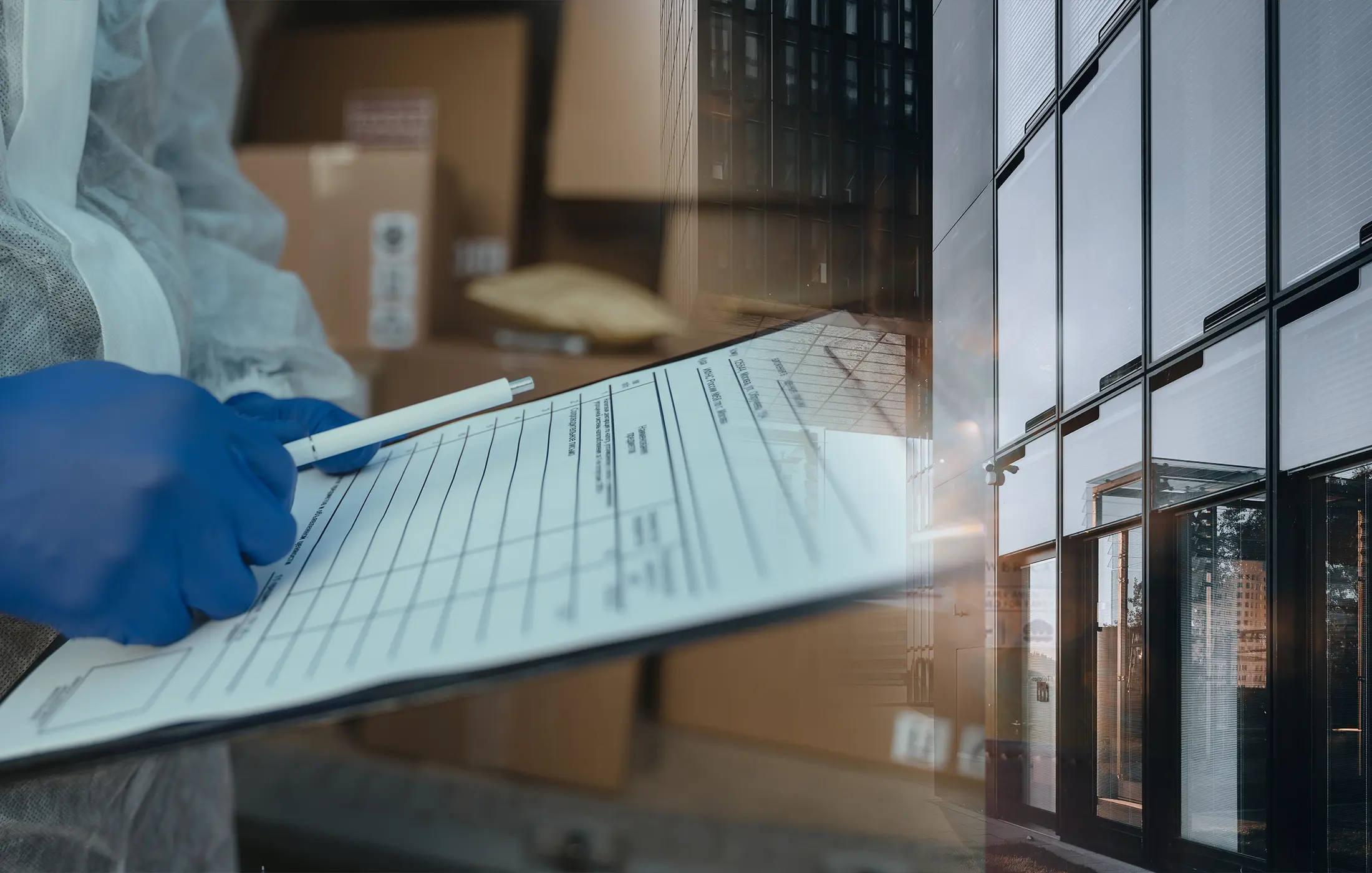 A gloved quality reviewer checking a document in a warehouse and supply setting.