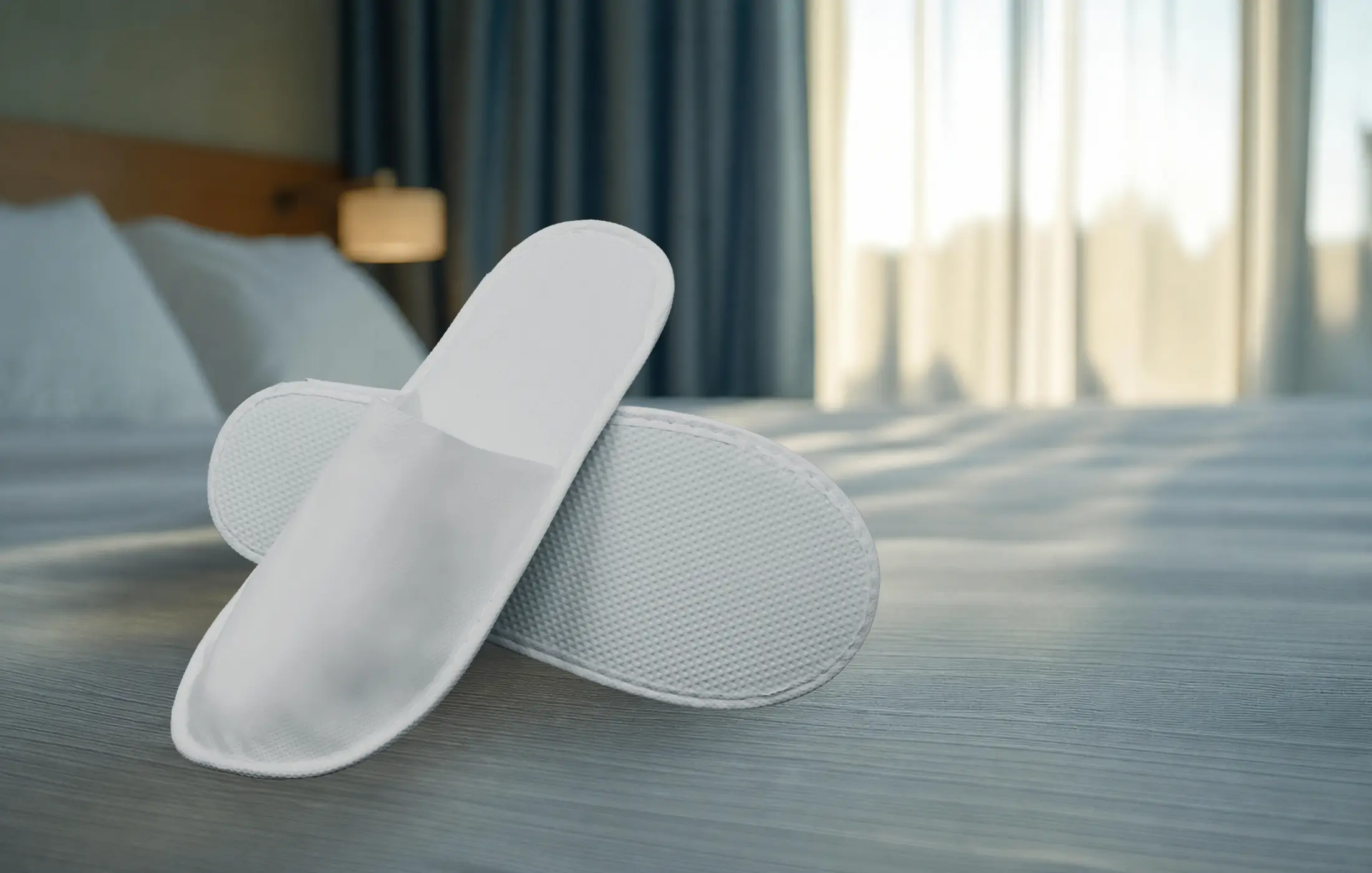 White hotel slippers arranged on a bright guest-room floor beside a bed.