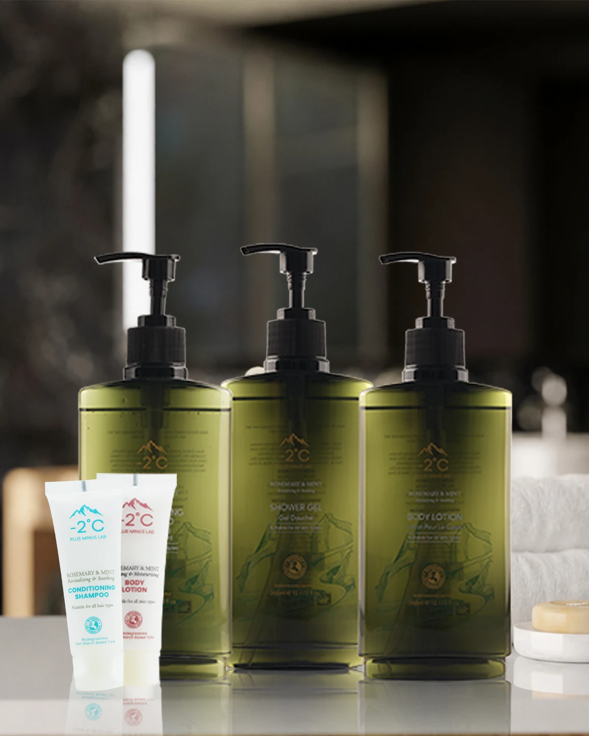 Minus-2 bath and body formats arranged on a bathroom counter.