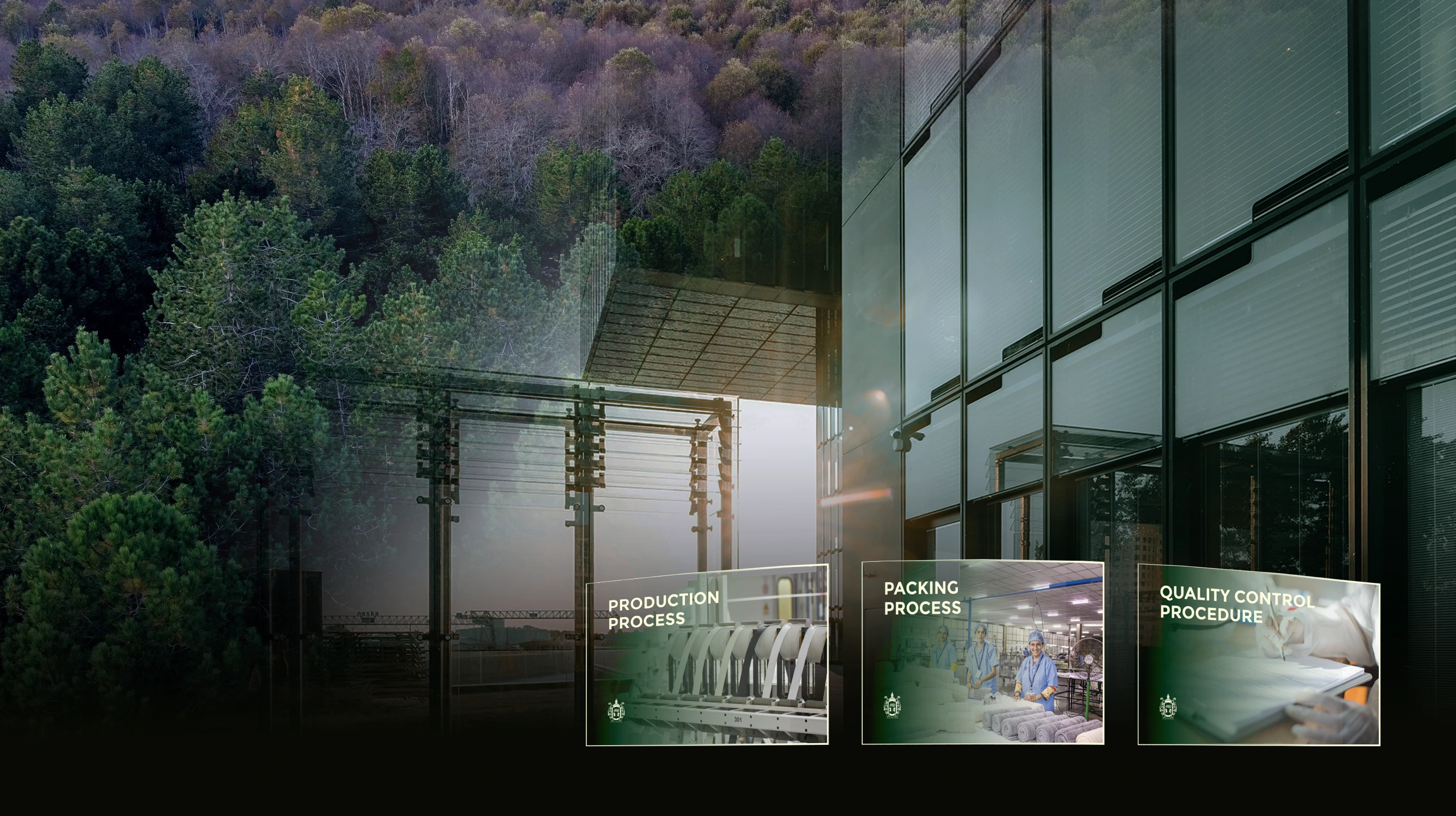A building and forest composition with production, packing and quality-control panels.