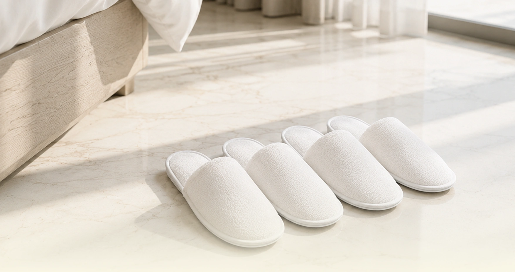 White hotel slippers arranged on a bright guest-room floor beside a bed.