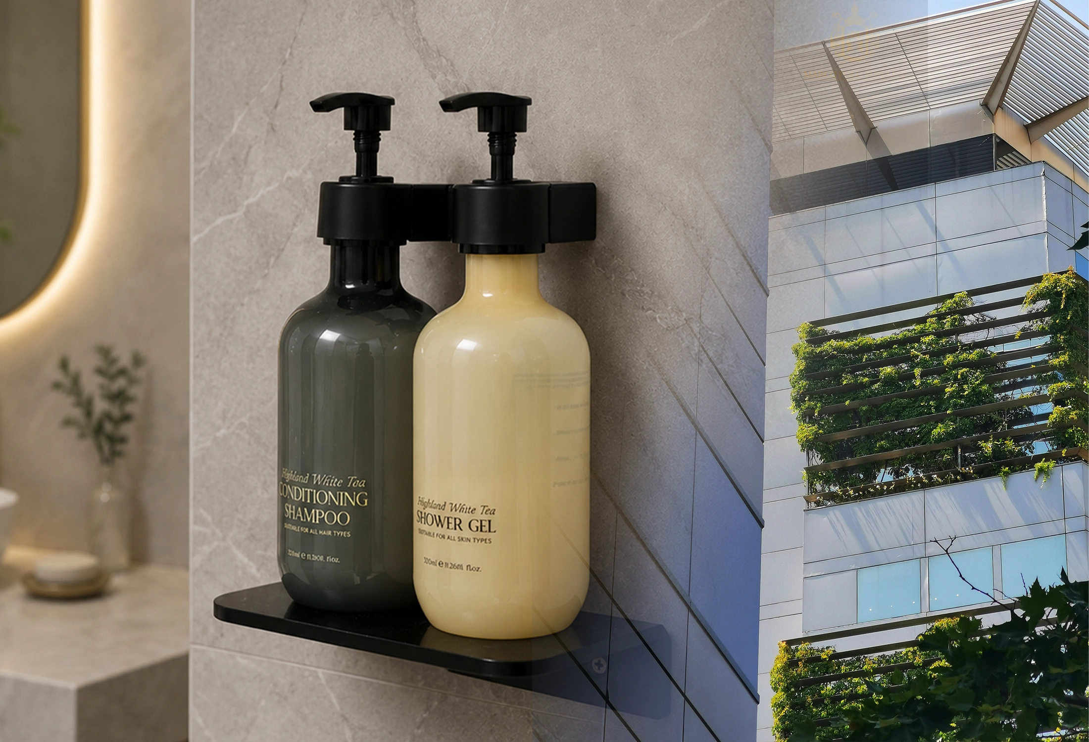 Highland White Tea pump dispensers in a hotel bathroom, blended with a green-planted building.